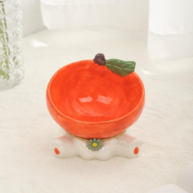 Strawberry & Orange Ceramic Cat Bowl – Raised Fruit Dish - Image 2