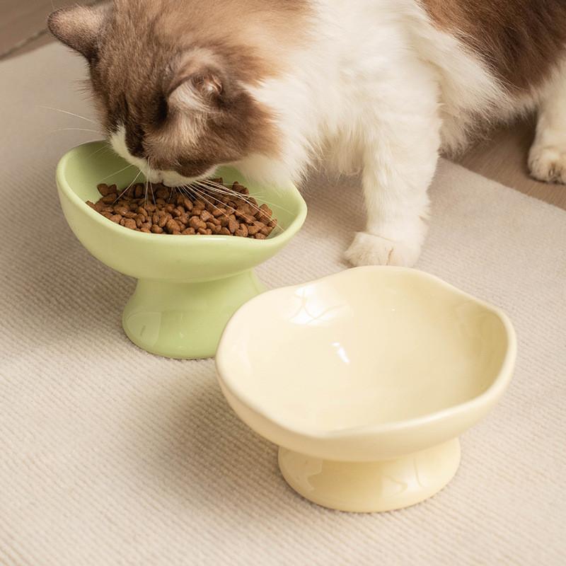 Cherry Petal Ceramic Cat Bowl – High-Foot Rice Dish