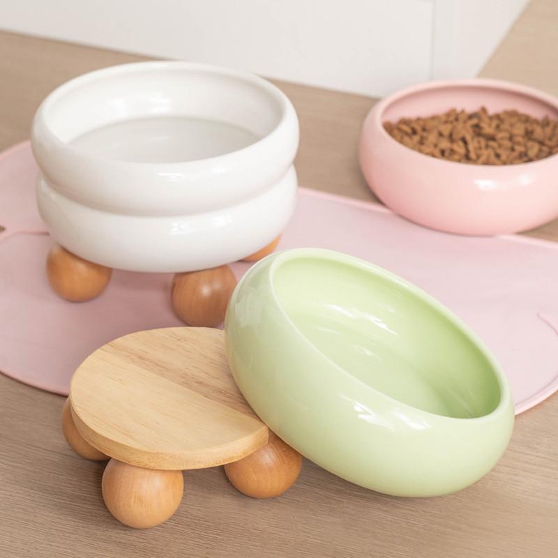 Round Ceramic Cat Bowl on Wood Base – 1 or 2 Layer - Image 12