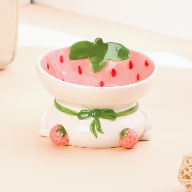 Strawberry & Lemon Ceramic Cat Bowl – Leaf Base