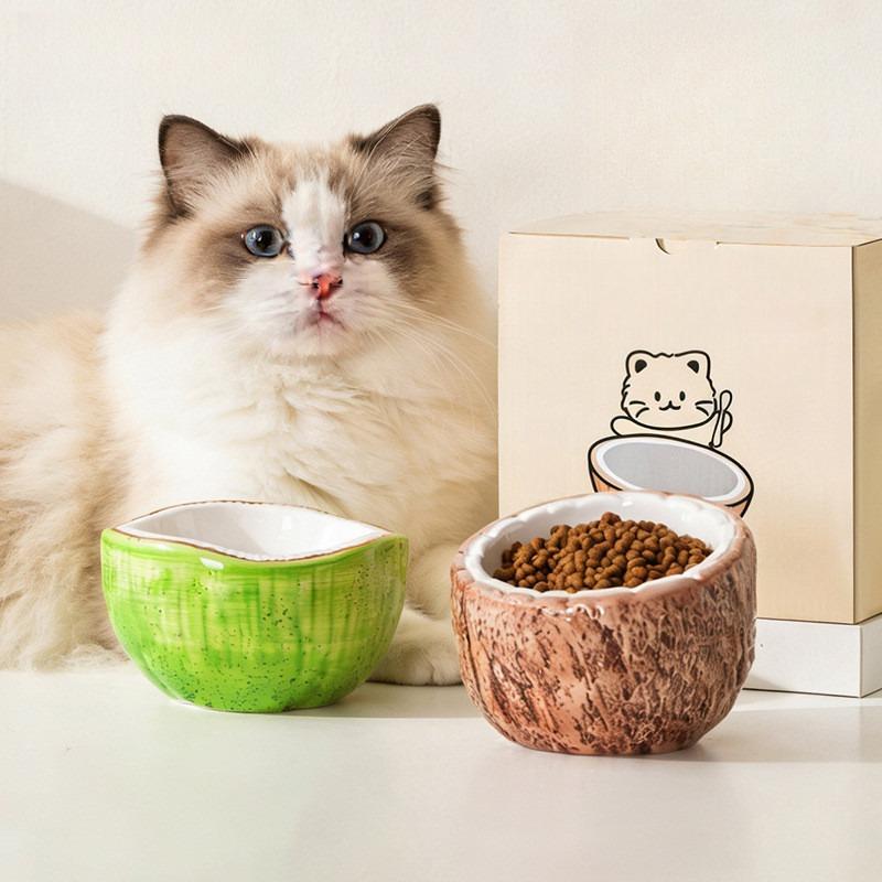 Half Coconut Ceramic Cat Bowl – Tall Spill-Proof Water Dish