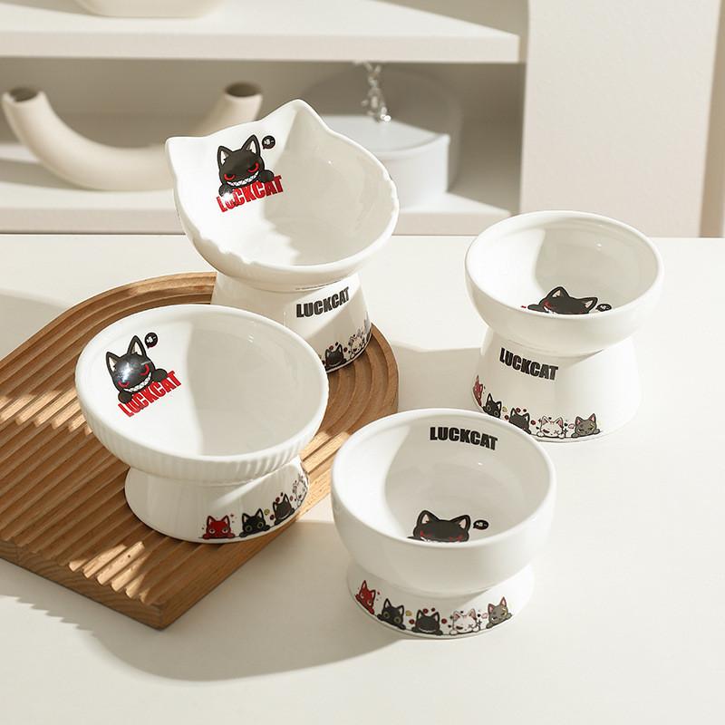 招财猫斜口陶瓷猫碗 – 防打翻食盆