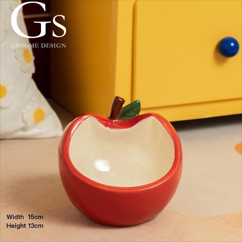 苹果造型斜口陶瓷猫碗 – 红色或绿色