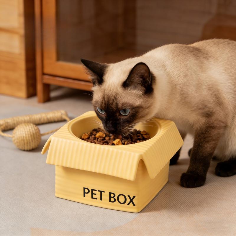 方盒陶瓷猫碗 – 二合一宽口大容量